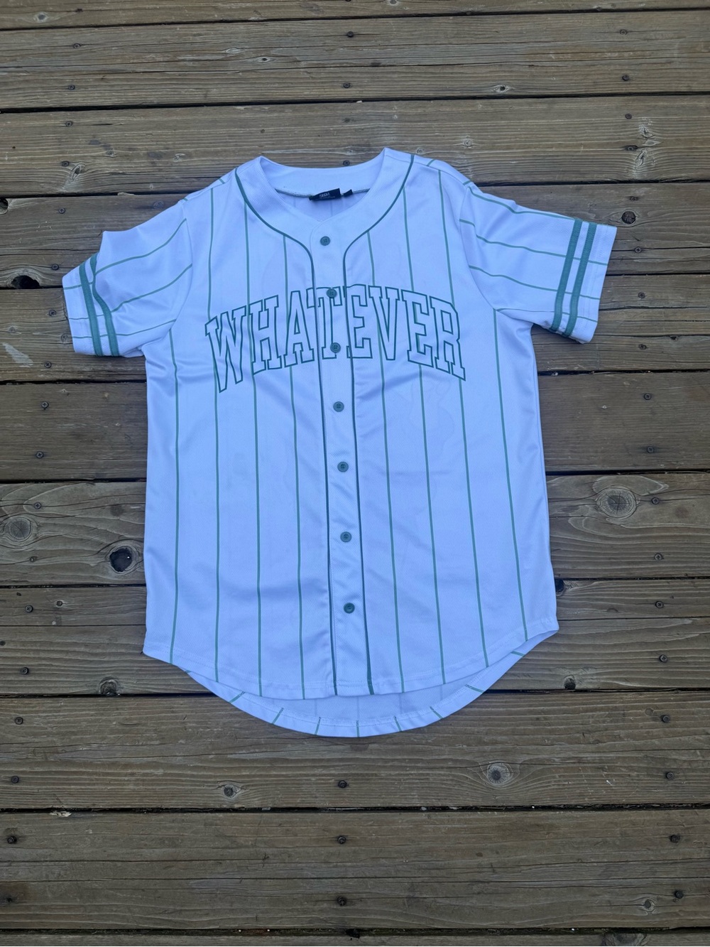Whatever White Pinstripe Baseball Jersey with Green Trim